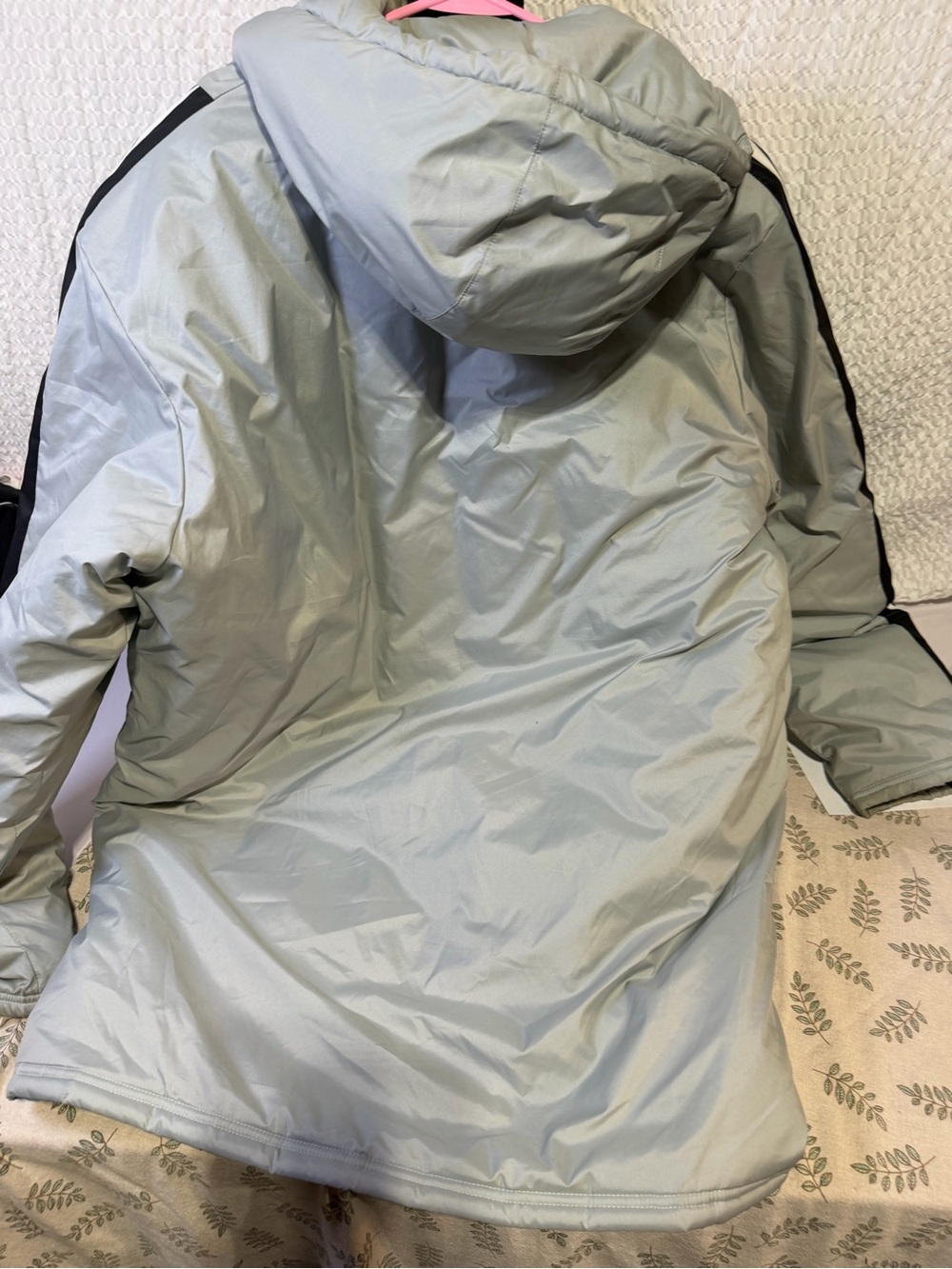 adidas Light Gray Hooded Puffer Coat with Black Accents iowa sporting